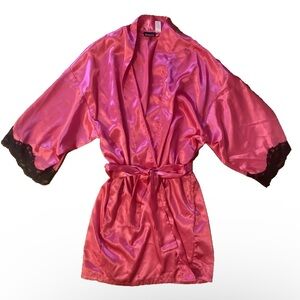 Fredericks of Hollywood Pink Lace Silky Wrap Robe Black Lace Trim Medium